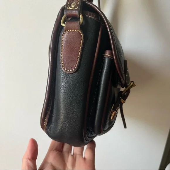 Vintage Roots Saddle Black Leather Crossbody with Brown Trim and Brass Buckle - Picture 10 of 11